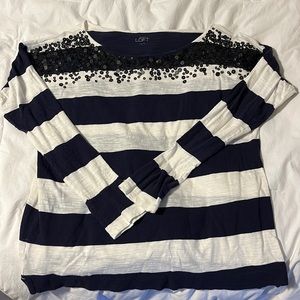 Ann Taylor Loft long sleeved navy and white striped shirt with sequin detail
